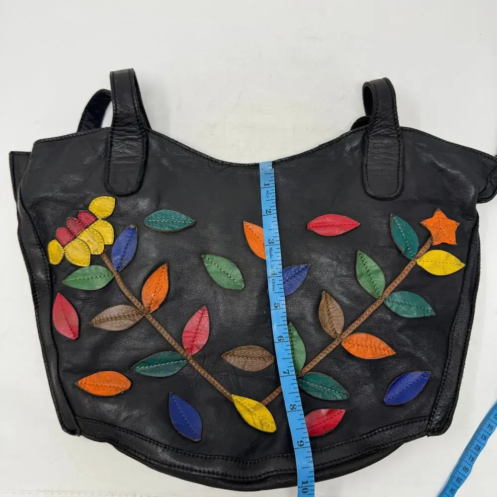 Belleza Mandova Black Leather Shoulder Bag Multicolor Leaf‎ Appliqué